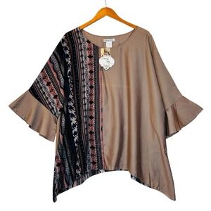 Paisley Vine Top Womens 1XL Gray Boho Asymmetrical Tunic Ruffle Sleeve NWT Flowy